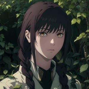 portrait of makima, looking at viewer, dramatic lighting, csm anime style, grimdark, anime, manga style, digital painting, pixiv, artstation, semirealistic, intricate details, hires, masterpiece, best quality, absurdres, arcane style BREAK green plants in background, leaves, vines, BREAK snakes in foreground, makimacsm