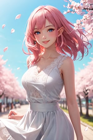 elf girl, pink hair, blue eyes with pink accents, white dress, lacey dress, flowing skirt sleeveless top, top_breast, medium_breasts, smiling, blushing, cowboy_shot, looking at viewer, highly detailed, masterpiece, high_res, greg rutkowski, detailed, BREAK complex_background, cherry_blossoms, flower_petals, windy, springtime,