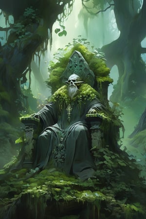 illustration of a lich sitting on a stone throne, covered in creeping vines and roots, overgrown with moss and lichen, green plants, leaves, wild_mushroom, fungi, rotting, decaying, grimdark, dark fantasy, masterpiece, high_res