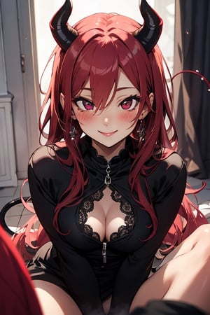 lilith, female demon, pov_eye_contact, looking_at_camera, blushing, smiling,  