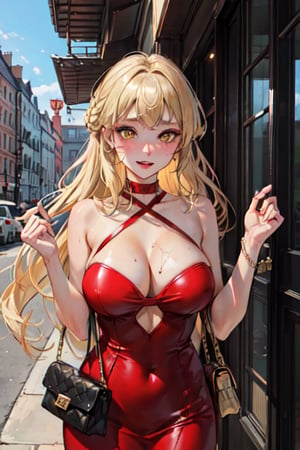 (masterpiece:1.2, best quality), 1lady, solo, big tits, blonde hair, yellow eyes, sweating, upper body, hot, provocative, blushing, (wearing an elegant half-open red dress) make up (outside a very tall building) with a (handbag and accessories.)
