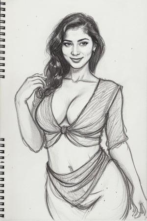 A sultry Malayali beauty, 35 years young and radiant. Charcoal art brings her to life in a portrait sketch of raw elegance. She smiles seductively, wearing only a loose shirt that drapes effortlessly from her waist. The charcoal lines are bold and expressive, capturing the high clarity and good proportions of her curvy figure. A masterpiece unfolds as the pencil sketch takes shape, revealing a stunning work of art.