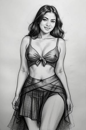 A sultry Malayali beauty, 35 years young and radiant. Charcoal art brings her to life in a portrait sketch of raw elegance. She smiles seductively, wearing only a a pleated skirt and shirt  drapes effortlessly from her waist. The charcoal lines are bold and expressive, capturing the high clarity and good proportions of her curvy figure. A masterpiece unfolds as the pencil sketch takes shape, revealing a stunning work of art.