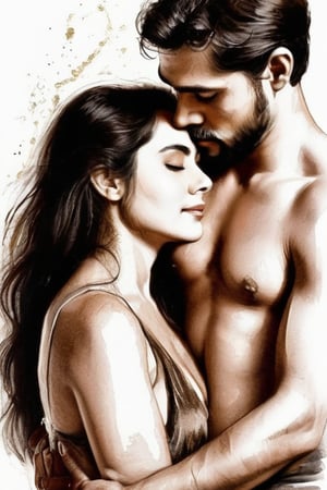 A warm and intimate portrait of the dusky couple, bathed in soft golden light. The woman sits elegantly, her long black hair cascading down her back, adorned with a delicate chain that sparkles subtly. Her eyes, like pools of dark chocolate, gaze up at her lover with adoration. He, with his thick beard and piercing brown eyes, wraps his arm around her waist, his hands tracing the curves of her body as if infusing her with love and devotion. The atmosphere is alive with the scent of oil and passion, as the couple's intense affection radiates from the canvas like a warm embrace.,water color,Movie Poster,mdsktch sketch of