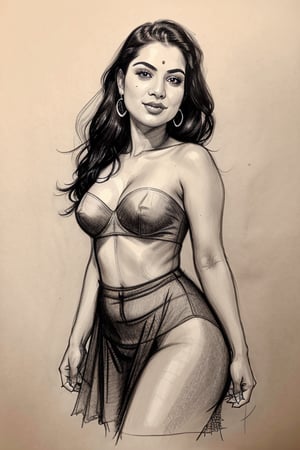 A sultry Malayali yakshi beauty, 35 years young and radiant, poses in a portrait sketch of raw elegance. Charcoal lines boldly frame her face, capturing her high cheekbones, full lips, and piercing gaze. A pleated skirt drapes effortlessly from her waist, showcasing her curvy figure. The artist's masterful strokes convey the subject's confidence as she smiles seductively, exuding a sense of mystique.