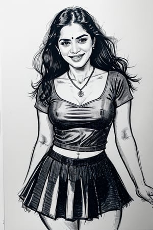 A  comic-style linocut illustration, a woman with long straight black  hair, smiling sensually . complemented by a blue pendant necklace, She is wearing a pleated skirt, and tight thsirt dancing , and she appears sensual and poised.A sultry Malayali yakshi beauty, 35 years young and radiant, poses in a portrait sketch of raw elegance. Charcoal lines boldly frame her face, capturing her high cheekbones, 