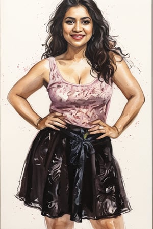 watercolor painting of a 35-year-old desi curvy woman exuding confidence and sexiness. She dons a loose shirt that falls just below her waist, revealing her busty figure and a hint of her charm. The overall painting is detailed and precise, showcasing the exceptional skill and high clarity of the artist's work, making the viewer feel the essence of the subject's confidence and allure and happiness