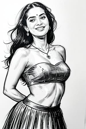 A  comic-style linocut illustration, a woman with long straight black  hair, smiling sensually . complemented by a blue pendant necklace, She is wearing a pleated skirt, and tight thsirt dancing , and she appears sensual and poised.A sultry Malayali yakshi beauty, 35 years young and radiant, poses in a portrait sketch of raw elegance. Charcoal lines boldly frame her face, capturing her high cheekbones, 