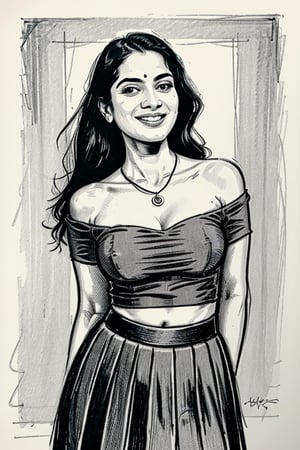 A  comic-style linocut illustration, a woman with long straight black  hair, smiling sensually . complemented by a blue pendant necklace, She is wearing a pleated skirt, and tight thsirt dancing , and she appears sensual and poised.A sultry Malayali yakshi beauty, 35 years young and radiant, poses in a portrait sketch of raw elegance. Charcoal lines boldly frame her face, capturing her high cheekbones, 