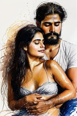 A warm and intimate portrait of the dusky couple, bathed in soft golden light. The woman sits elegantly, her long black hair cascading down her back, adorned with a delicate chain that sparkles subtly. Her eyes, like pools of dark chocolate, gaze up at her lover with adoration. He, with his thick beard and piercing brown eyes, wraps his arm around her waist, his hands tracing the curves of her body as if infusing her with love and devotion. The atmosphere is alive with the scent of oil and passion, as the couple's intense affection radiates from the canvas like a warm embrace.,water color,Movie Poster,mdsktch sketch of