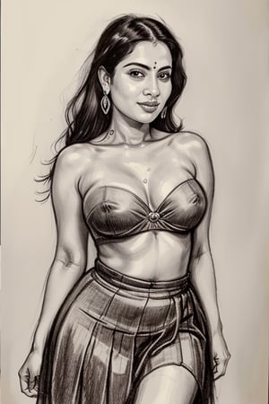 A sultry Malayali yakshi beauty, 35 years young and radiant, poses in a portrait sketch of raw elegance. Charcoal lines boldly frame her face, capturing her high cheekbones, full lips, and piercing gaze. A pleated skirt drapes effortlessly from her waist, showcasing her curvy figure. The artist's masterful strokes convey the subject's confidence  and sensual lust as she smiles seductively, exuding a sense of mystique.