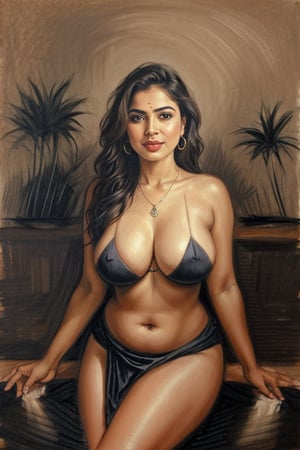 A sultry Malayali yakshi beauty, 35 years young and radiant, poses in a portrait sketch of raw elegance. Charcoal lines boldly frame her face, capturing her high cheekbones, full lips, and piercing gaze. A pleated skirt drapes effortlessly from her waist, showcasing her curvy figure. The artist's masterful strokes convey the subject's confidence  and sensual lust as she smiles seductively, exuding a sense of mystique.