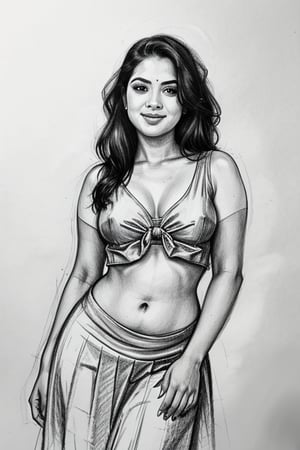 A sultry Malayali beauty, 35 years young and radiant. Charcoal art brings her to life in a portrait sketch of raw elegance. She smiles seductively, wearing only a a pleated skirt and shirt  drapes effortlessly from her waist. The charcoal lines are bold and expressive, capturing the high clarity and good proportions of her curvy figure. A masterpiece unfolds as the pencil sketch takes shape, revealing a stunning work of art.