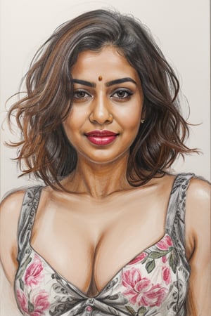 A sultry Malayali beauty, 35 years young and radiant. Charcoal art brings her to life in a portrait sketch of raw elegance. She smiles seductively, wearing only a loose shirt that drapes effortlessly from her waist. The charcoal lines are bold and expressive, capturing the high clarity and good proportions of her curvy figure. A masterpiece unfolds as the pencil sketch takes shape, revealing a stunning work of art.
