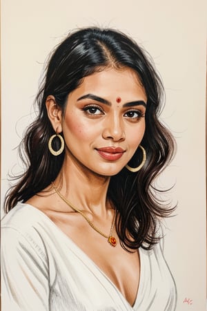 A  comic-style linocut illustration, aA stunning, full-size realistic painting of a 35-year-old Mallu woman exuding sensuality and warmth. The subject has an intricately detailed hand-painted illustration, featuring a medium skin tone, long dark hair, and a warm smile. She wears a red blouse with a deep V-neckline, accentuating her bust and curves. Her eyes are wide and expressive, with a small red bindi adorning her forehead. Subtle makeup enhances her natural beauty, and she wears delicate round earrings. The background is a soft, light color, drawing attention to the captivating subject.Charcoal lines boldly frame her face, capturing her high cheekbones, 