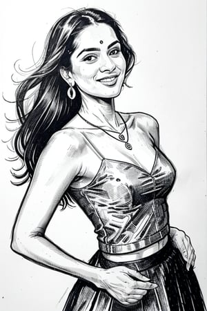 A  comic-style linocut illustration, a woman with long straight black  hair, smiling sensually . complemented by a blue pendant necklace, She is wearing a pleated skirt, and tight thsirt dancing , and she appears sensual and poised.A sultry Malayali yakshi beauty, 35 years young and radiant, poses in a portrait sketch of raw elegance. Charcoal lines boldly frame her face, capturing her high cheekbones, 