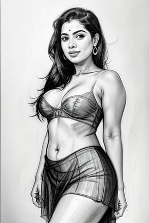 A sultry Malayali yakshi beauty, 35 years young and radiant, poses in a portrait sketch of raw elegance. Charcoal lines boldly frame her face, capturing her high cheekbones, full lips, and piercing gaze. A pleated skirt drapes effortlessly from her waist, showcasing her curvy figure. The artist's masterful strokes convey the subject's confidence  and sensual lust as she smiles seductively, exuding a sense of mystique.