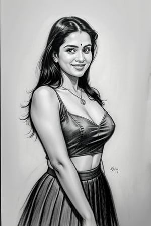 A  comic-style  illustration, a woman with long straight black  hair, smiling sensually . complemented by a blue pendant necklace, She is wearing a pleated skirt, and tight thsirt dancing , and she appears sensual and poised.A sultry Malayali yakshi beauty, 35 years young and radiant, poses in a portrait sketch of raw elegance. Charcoal lines boldly frame her face, capturing her high cheekbones, 