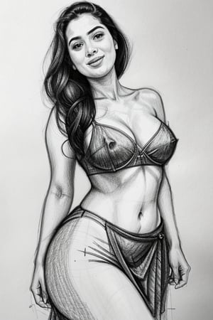 A sultry Malayali beauty, 35 years young and radiant. Charcoal art brings her to life in a portrait sketch of raw elegance. She smiles seductively, wearing only a a pleated skirt and shirt  drapes effortlessly from her waist. The charcoal lines are bold and expressive, capturing the high clarity and good proportions of her curvy figure. A masterpiece unfolds as the pencil sketch takes shape, revealing a stunning work of art.