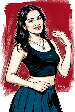 A  comic-style linocut illustration, a woman with long straight black  hair, smiling sensually . complemented by a blue pendant necklace, She is wearing a pleated skirt, and tight thsirt dancing , and she appears sensual and poised.A sultry Malayali yakshi beauty, 35 years young and radiant, poses in a portrait sketch of raw elegance. Charcoal lines boldly frame her face, capturing her high cheekbones, 