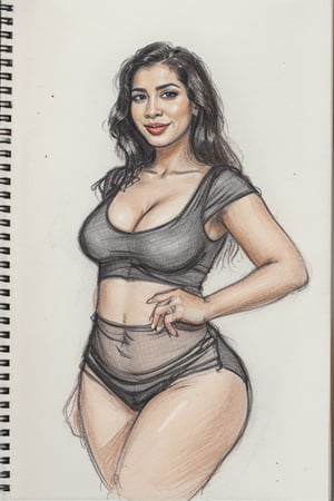 A sultry Malayali beauty, 35 years young and radiant. Charcoal art brings her to life in a portrait sketch of raw elegance. She smiles seductively, wearing only a loose shirt that drapes effortlessly from her waist. The charcoal lines are bold and expressive, capturing the high clarity and good proportions of her curvy figure. A masterpiece unfolds as the pencil sketch takes shape, revealing a stunning work of art.