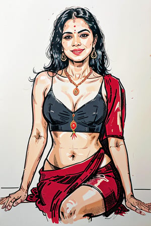 A vivid and energetic comic-style linocut illustration, a woman with long straight black  hair, smiling sensually . complemented by a blue pendant necklace, She is wearing a  red wet saree .  Her legs spread, and she appears sensual and poised.A sultry Malayali yakshi beauty, 35 years young and radiant, poses in a portrait sketch of raw elegance. Charcoal lines boldly frame her face, capturing her high cheekbones, 