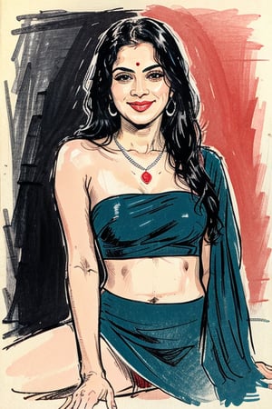 A vivid and energetic comic-style linocut illustration, a woman with long straight black  hair, smiling sensually . complemented by a blue pendant necklace, She is wearing a  red wet saree .  Her legs spread, and she appears sensual and poised.A sultry Malayali yakshi beauty, 35 years young and radiant, poses in a portrait sketch of raw elegance. Charcoal lines boldly frame her face, capturing her high cheekbones, 