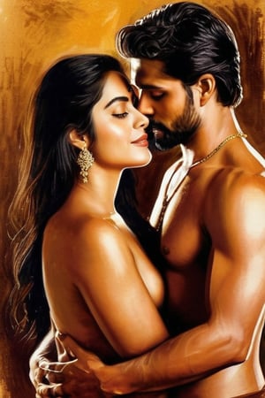 A warm and intimate portrait of the dusky couple, bathed in soft golden light. The woman sits elegantly, her long black hair cascading down her back, adorned with a delicate chain that sparkles subtly. Her eyes, like pools of dark chocolate, gaze up at her lover with adoration. He, with his thick beard and piercing brown eyes, wraps his arm around her waist, his hands tracing the curves of her body as if infusing her with love and devotion. The atmosphere is alive with the scent of oil and passion, as the couple's intense affection radiates from the canvas like a warm embrace.,water color,Movie Poster