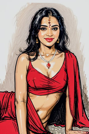 A vivid and energetic comic-style linocut illustration, a woman with long straight black  hair, smiling sensually . complemented by a blue pendant necklace, She is wearing a  red wet saree .  Her legs spread, and she appears sensual and poised.A sultry Malayali yakshi beauty, 35 years young and radiant, poses in a portrait sketch of raw elegance. Charcoal lines boldly frame her face, capturing her high cheekbones, 