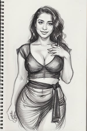 A sultry Malayali beauty, 35 years young and radiant. Charcoal art brings her to life in a portrait sketch of raw elegance. She smiles seductively, wearing only a loose shirt that drapes effortlessly from her waist. The charcoal lines are bold and expressive, capturing the high clarity and good proportions of her curvy figure. A masterpiece unfolds as the pencil sketch takes shape, revealing a stunning work of art.