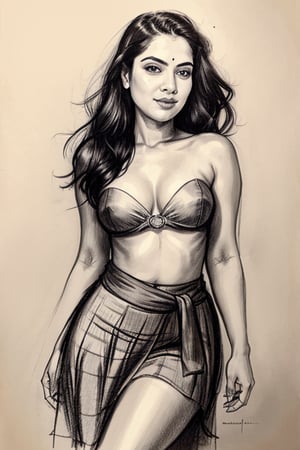 A sultry Malayali yakshi beauty, 35 years young and radiant, poses in a portrait sketch of raw elegance. Charcoal lines boldly frame her face, capturing her high cheekbones, full lips, and piercing gaze. A pleated skirt drapes effortlessly from her waist, showcasing her curvy figure. The artist's masterful strokes convey the subject's confidence  and sensual lust as she smiles seductively, exuding a sense of mystique.