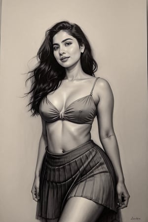 A sultry Malayali yakshi beauty, 35 years young and radiant, poses in a portrait sketch of raw elegance. Charcoal lines boldly frame her face, capturing her high cheekbones, full lips, and piercing gaze. A pleated skirt drapes effortlessly from her waist, showcasing her curvy figure. The artist's masterful strokes convey the subject's confidence  and sensual lust as she smiles seductively, exuding a sense of mystique.