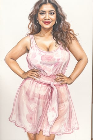 watercolor painting of a 35-year-old desi curvy woman exuding confidence and sexiness. She dons a loose shirt that falls just below her waist, revealing her busty figure and a hint of her charm. The overall painting is detailed and precise, showcasing the exceptional skill and high clarity of the artist's work, making the viewer feel the essence of the subject's confidence and allure and happiness