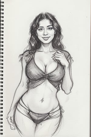 A sultry Malayali beauty, 35 years young and radiant. Charcoal art brings her to life in a portrait sketch of raw elegance. She smiles seductively, wearing only a loose shirt that drapes effortlessly from her waist. The charcoal lines are bold and expressive, capturing the high clarity and good proportions of her curvy figure. A masterpiece unfolds as the pencil sketch takes shape, revealing a stunning work of art.