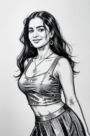 A  comic-style linocut illustration, a woman with long straight black  hair, smiling sensually . complemented by a blue pendant necklace, She is wearing a pleated skirt, and tight thsirt dancing , and she appears sensual and poised.A sultry Malayali yakshi beauty, 35 years young and radiant, poses in a portrait sketch of raw elegance. Charcoal lines boldly frame her face, capturing her high cheekbones, 