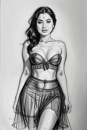 A sultry Malayali yakshi beauty, 35 years young and radiant, poses in a portrait sketch of raw elegance. Charcoal lines boldly frame her face, capturing her high cheekbones, full lips, and piercing gaze. A pleated skirt drapes effortlessly from her waist, showcasing her curvy figure. The artist's masterful strokes convey the subject's confidence  and sensual lust as she smiles seductively, exuding a sense of mystique.