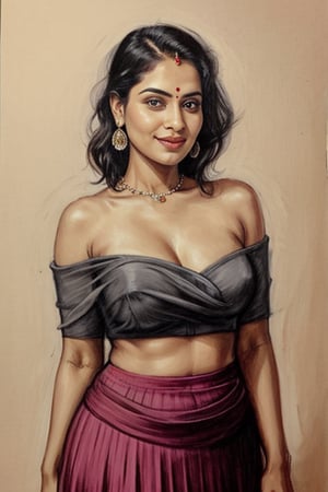 A sultry Malayali yakshi beauty, 35 years young and radiant, poses in a portrait sketch of raw elegance. Charcoal lines boldly frame her face, capturing her high cheekbones, full lips, and piercing gaze. A pleated skirt drapes effortlessly from her waist, showcasing her curvy figure. The artist's masterful strokes convey the subject's confidence as she smiles seductively, exuding a sense of mystique.