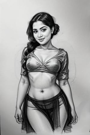 A sultry Malayali beauty, 35 years young and radiant. Charcoal art brings her to life in a portrait sketch of raw elegance. She smiles seductively, wearing only a a pleated skirt and shirt  drapes effortlessly from her waist. The charcoal lines are bold and expressive, capturing the high clarity and good proportions of her curvy figure. A masterpiece unfolds as the pencil sketch takes shape, revealing a stunning work of art.