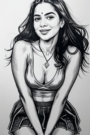 A  comic-style linocut illustration, a woman with long straight black  hair, smiling sensually . complemented by a blue pendant necklace, She is wearing a pleated skirt, and tight thsir  Her legs spread, and she appears sensual and poised.A sultry Malayali yakshi beauty, 35 years young and radiant, poses in a portrait sketch of raw elegance. Charcoal lines boldly frame her face, capturing her high cheekbones, 