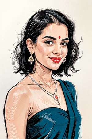 A vivid and energetic comic-style linocut illustration, a woman with long straight black  hair, smiling sensually . complemented by a blue pendant necklace, She is wearing a  red wet saree .  Her legs spread, and she appears sensual and poised.A sultry Malayali yakshi beauty, 35 years young and radiant, poses in a portrait sketch of raw elegance. Charcoal lines boldly frame her face, capturing her high cheekbones, 