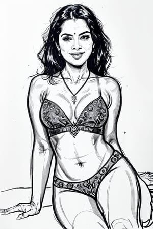 A vivid and energetic comic-style linocut illustration, a woman with long straight black  hair, smiling sensually . complemented by a blue pendant necklace, She is wearing a  shirt only .  Her legs spread, and she appears sensual and poised.A sultry Malayali yakshi beauty, 35 years young and radiant, poses in a portrait sketch of raw elegance. Charcoal lines boldly frame her face, capturing her high cheekbones, 