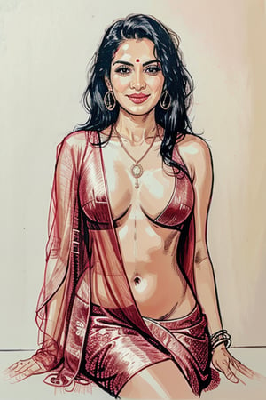 A vivid and energetic comic-style linocut illustration, a woman with long straight black  hair, smiling sensually . complemented by a blue pendant necklace, She is wearing a  red wet saree .  Her legs spread, and she appears sensual and poised.A sultry Malayali yakshi beauty, 35 years young and radiant, poses in a portrait sketch of raw elegance. Charcoal lines boldly frame her face, capturing her high cheekbones, 