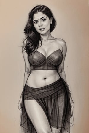 A sultry Malayali yakshi beauty, 35 years young and radiant, poses in a portrait sketch of raw elegance. Charcoal lines boldly frame her face, capturing her high cheekbones, full lips, and piercing gaze. A pleated skirt drapes effortlessly from her waist, showcasing her curvy figure. The artist's masterful strokes convey the subject's confidence  and sensual lust as she smiles seductively, exuding a sense of mystique.