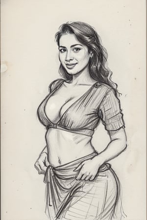 A sultry Malayali beauty, 35 years young and radiant. Charcoal art brings her to life in a portrait sketch of raw elegance. She smiles seductively, wearing only a loose shirt that drapes effortlessly from her waist. The charcoal lines are bold and expressive, capturing the high clarity and good proportions of her curvy figure. A masterpiece unfolds as the pencil sketch takes shape, revealing a stunning work of art.