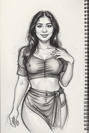 A sultry Malayali beauty, 35 years young and radiant. Charcoal art brings her to life in a portrait sketch of raw elegance. She smiles seductively, wearing only a loose shirt that drapes effortlessly from her waist. The charcoal lines are bold and expressive, capturing the high clarity and good proportions of her curvy figure. A masterpiece unfolds as the pencil sketch takes shape, revealing a stunning work of art.