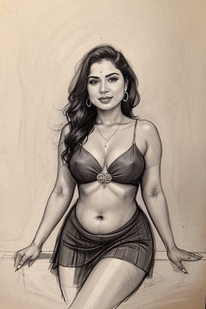 A sultry Malayali yakshi beauty, 35 years young and radiant, poses in a portrait sketch of raw elegance. Charcoal lines boldly frame her face, capturing her high cheekbones, full lips, and piercing gaze. A pleated skirt drapes effortlessly from her waist, showcasing her curvy figure. The artist's masterful strokes convey the subject's confidence  and sensual lust as she smiles seductively, exuding a sense of mystique.