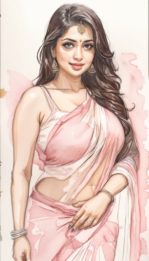 watercolor painting of a 35-year-old desi curvy woman exuding confidence and sexiness. She dons a loose shirt that falls just below her waist, revealing her busty figure and a hint of her charm. The overall painting is detailed and precise, showcasing the exceptional skill and high clarity of the artist's work, making the viewer feel the essence of the subject's confidence and allure and happiness,sketch, monochrome