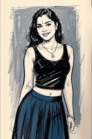 A  comic-style linocut illustration, a woman with long straight black  hair, smiling sensually . complemented by a blue pendant necklace, She is wearing a pleated skirt, and tight thsirt dancing , and she appears sensual and poised.A sultry Malayali yakshi beauty, 35 years young and radiant, poses in a portrait sketch of raw elegance. Charcoal lines boldly frame her face, capturing her high cheekbones, 