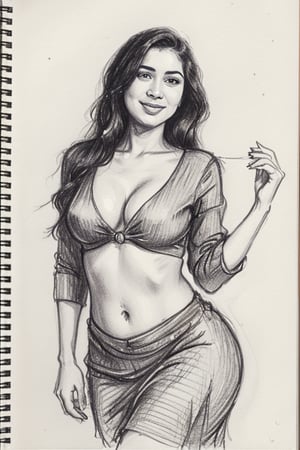 A sultry Malayali beauty, 35 years young and radiant. Charcoal art brings her to life in a portrait sketch of raw elegance. She smiles seductively, wearing only a loose shirt that drapes effortlessly from her waist. The charcoal lines are bold and expressive, capturing the high clarity and good proportions of her curvy figure. A masterpiece unfolds as the pencil sketch takes shape, revealing a stunning work of art.