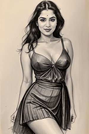 A sultry Malayali yakshi beauty, 35 years young and radiant, poses in a portrait sketch of raw elegance. Charcoal lines boldly frame her face, capturing her high cheekbones, full lips, and piercing gaze. A pleated skirt drapes effortlessly from her waist, showcasing her curvy figure. The artist's masterful strokes convey the subject's confidence  and sensual lust as she smiles seductively, exuding a sense of mystique.